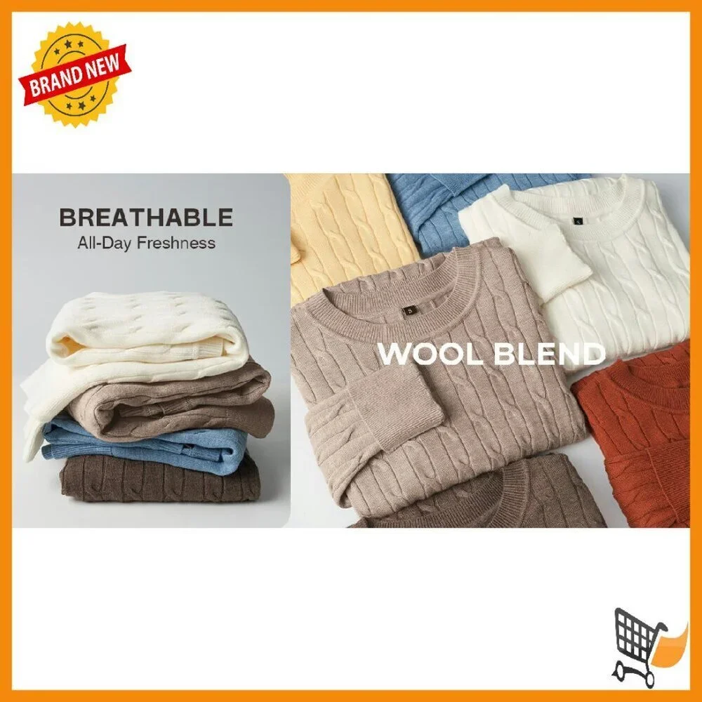 Wool Blend Cable Knit Pullover Sweater, Loose Fit Crew Neck